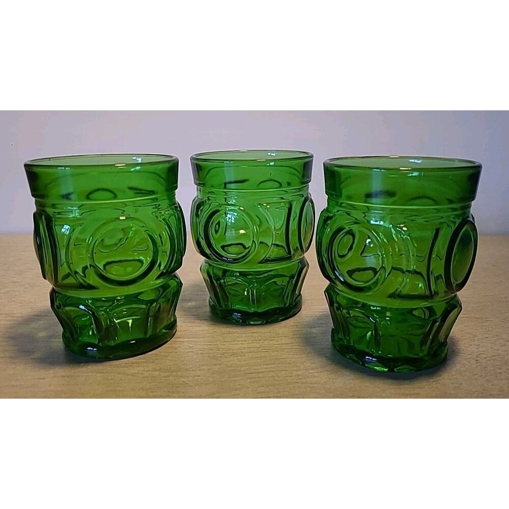 Set 3 Wheaton Bullseye Emerald Green Cocktail Rocks Glasses Starburst Bottom 8oz